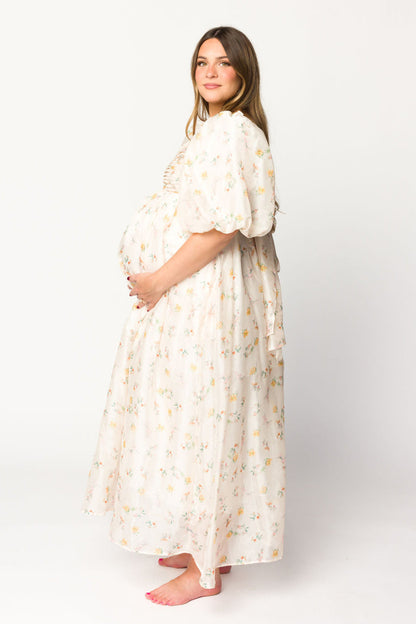 Melody Maxi Dress with Pleats and Bow Detail in Yellow Rose Floral - Bump Friendly & Inclusive Sizing (S-3XL)