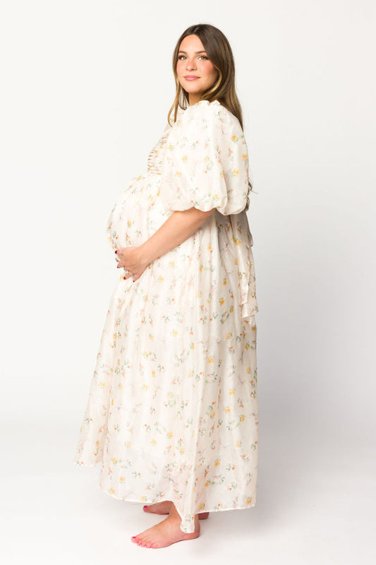 Melody Maxi Dress with Pleats and Bow Detail in Yellow Rose Floral - Bump Friendly & Inclusive Sizing (S-3XL)