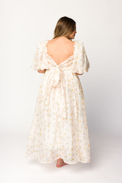 Melody Maxi Dress with Pleats and Bow Detail in Yellow Rose Floral - Bump Friendly & Inclusive Sizing (S-3XL)