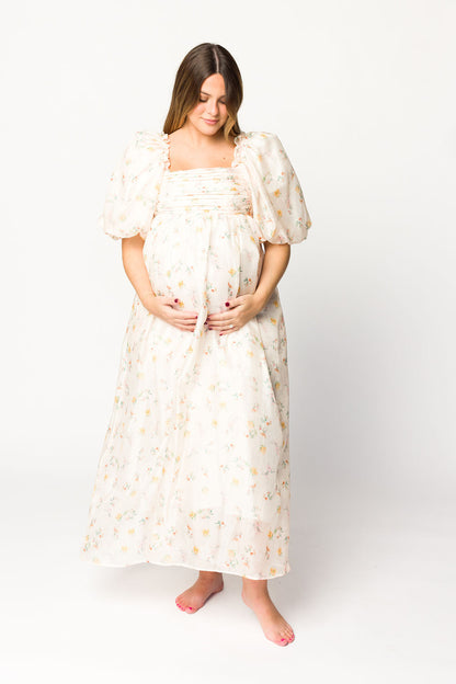 Melody Maxi Dress with Pleats and Bow Detail in Yellow Rose Floral - Bump Friendly & Inclusive Sizing (S-3XL)