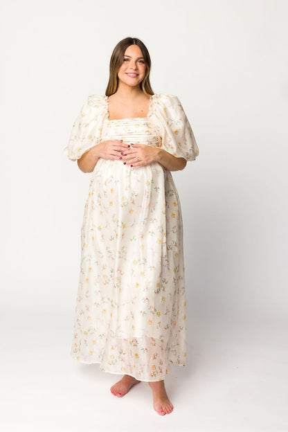 Melody Maxi Dress with Pleats and Bow Detail in Yellow Rose Floral - Bump Friendly & Inclusive Sizing (S-3XL)