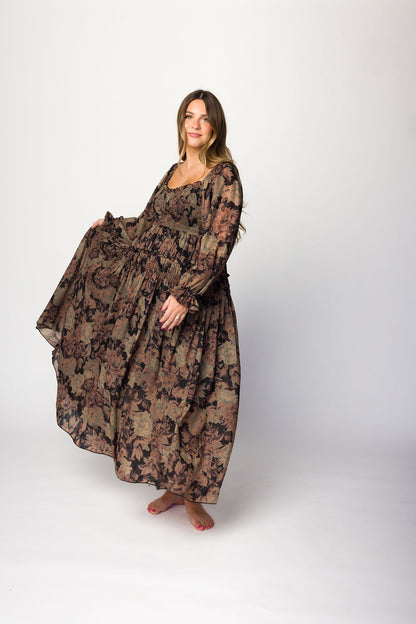 Blaine Smocked Maxi Dress in Black Floral