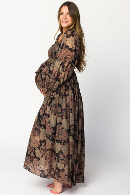 Blaine Smocked Maxi Dress in Black Floral