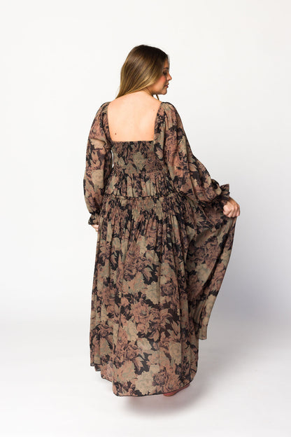 Blaine Smocked Maxi Dress in Black Floral