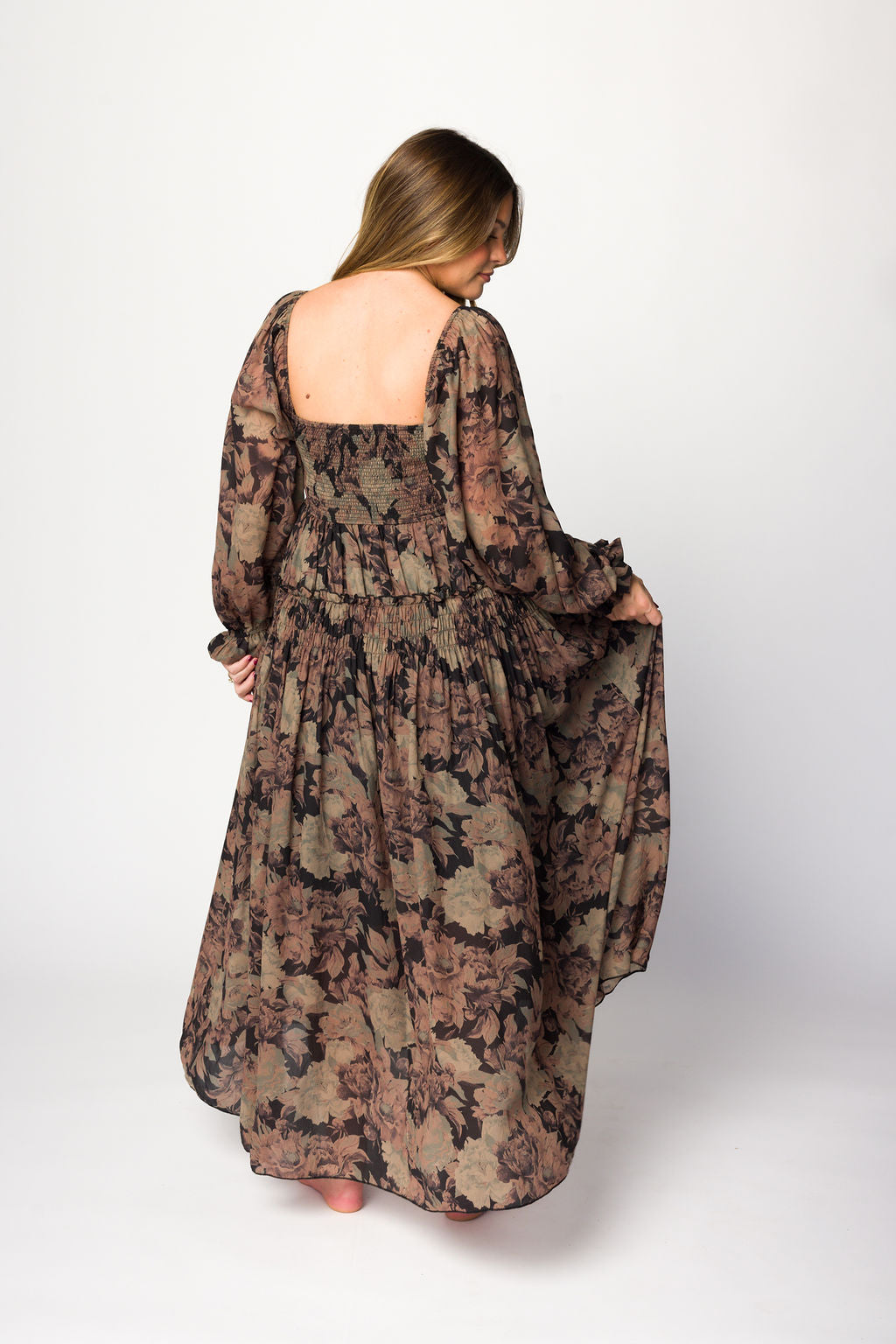Blaine Smocked Maxi Dress in Black Floral