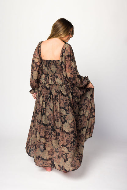 Blaine Smocked Maxi Dress in Black Floral