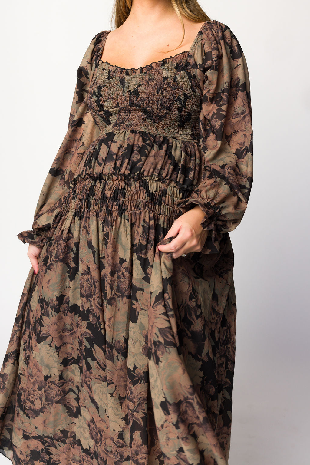 Blaine Smocked Maxi Dress in Black Floral