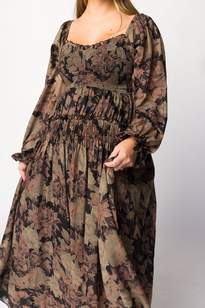 Blaine Smocked Maxi Dress in Black Floral