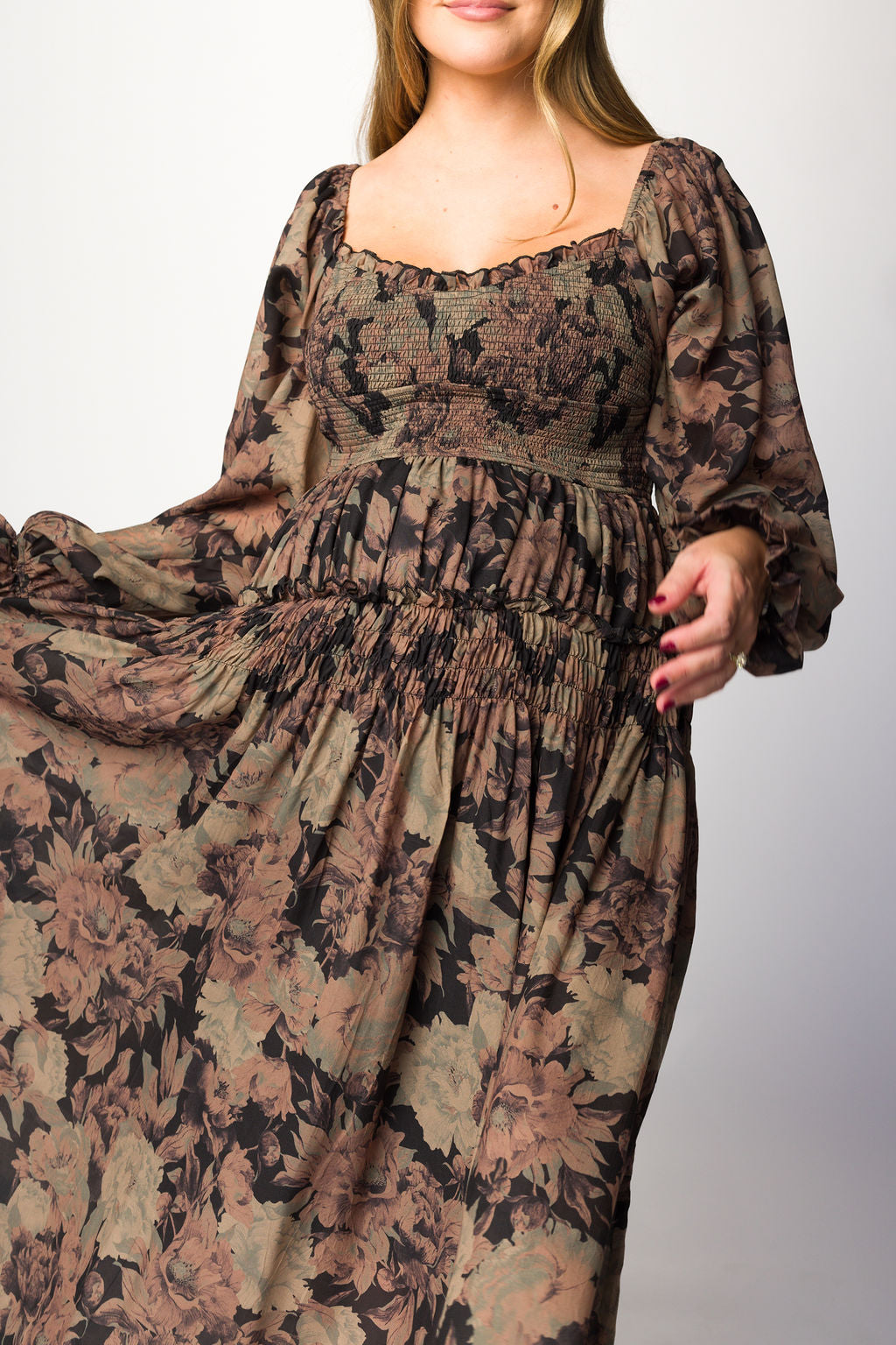 Blaine Smocked Maxi Dress in Black Floral