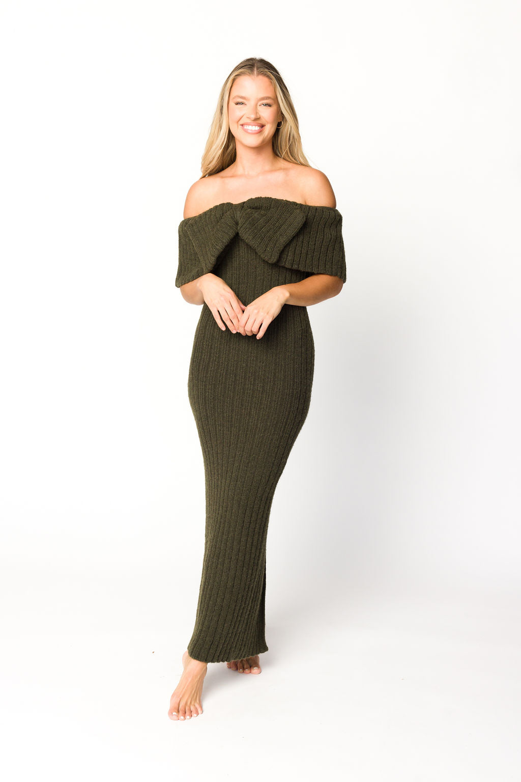 Aston Bow Front Maxi Sweater Dress in Dark Green - Bump Friendly