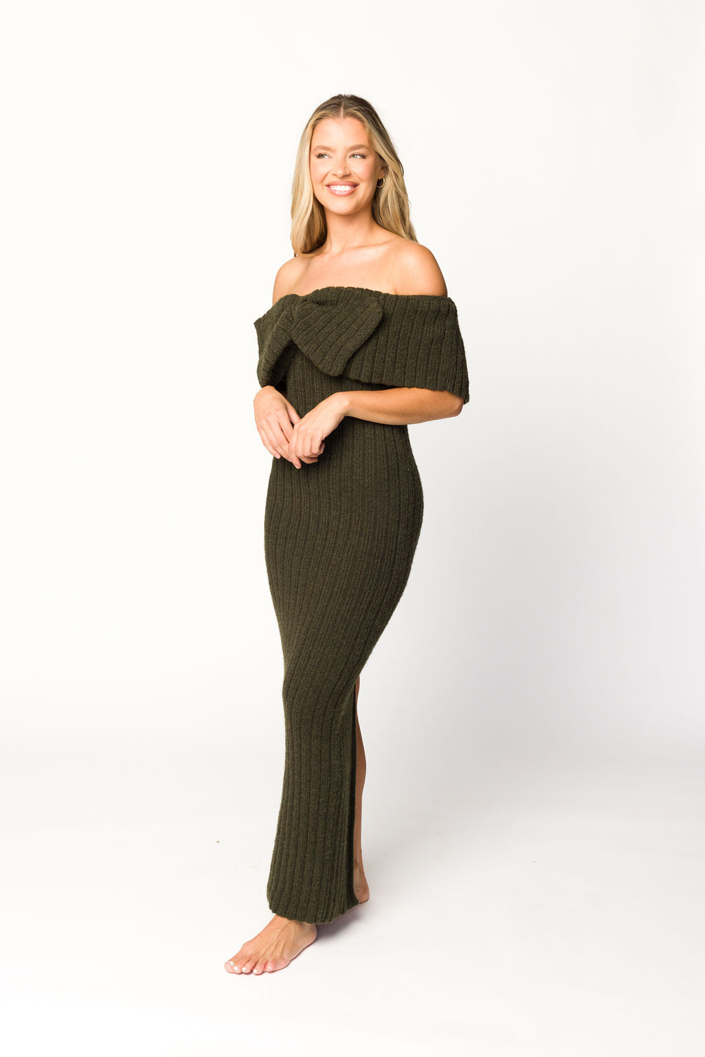 Aston Bow Front Maxi Sweater Dress in Dark Green - Bump Friendly