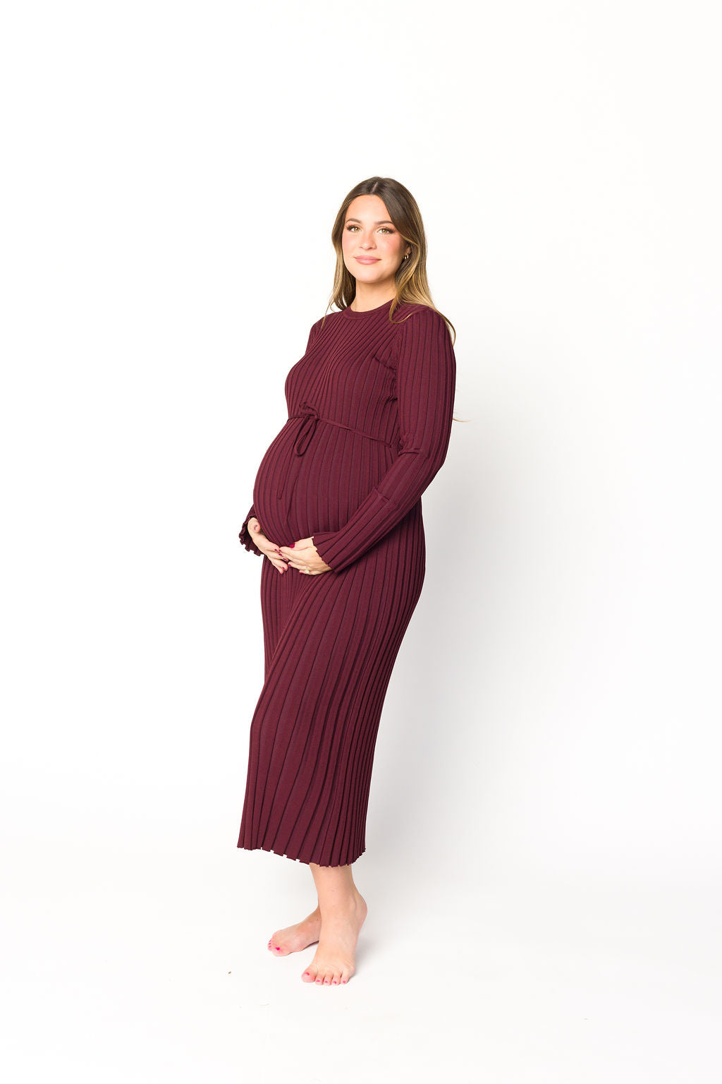 Colette Premium Long Sleeved Ribbed Knit Maxi Dress in Burgundy - Bump Friendly