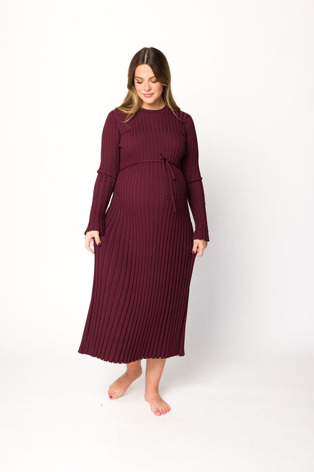 Colette Premium Long Sleeved Ribbed Knit Maxi Dress in Burgundy - Bump Friendly