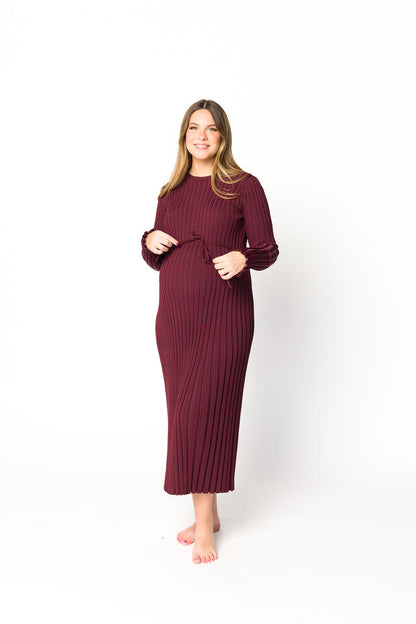 Colette Premium Long Sleeved Ribbed Knit Maxi Dress in Burgundy - Bump Friendly
