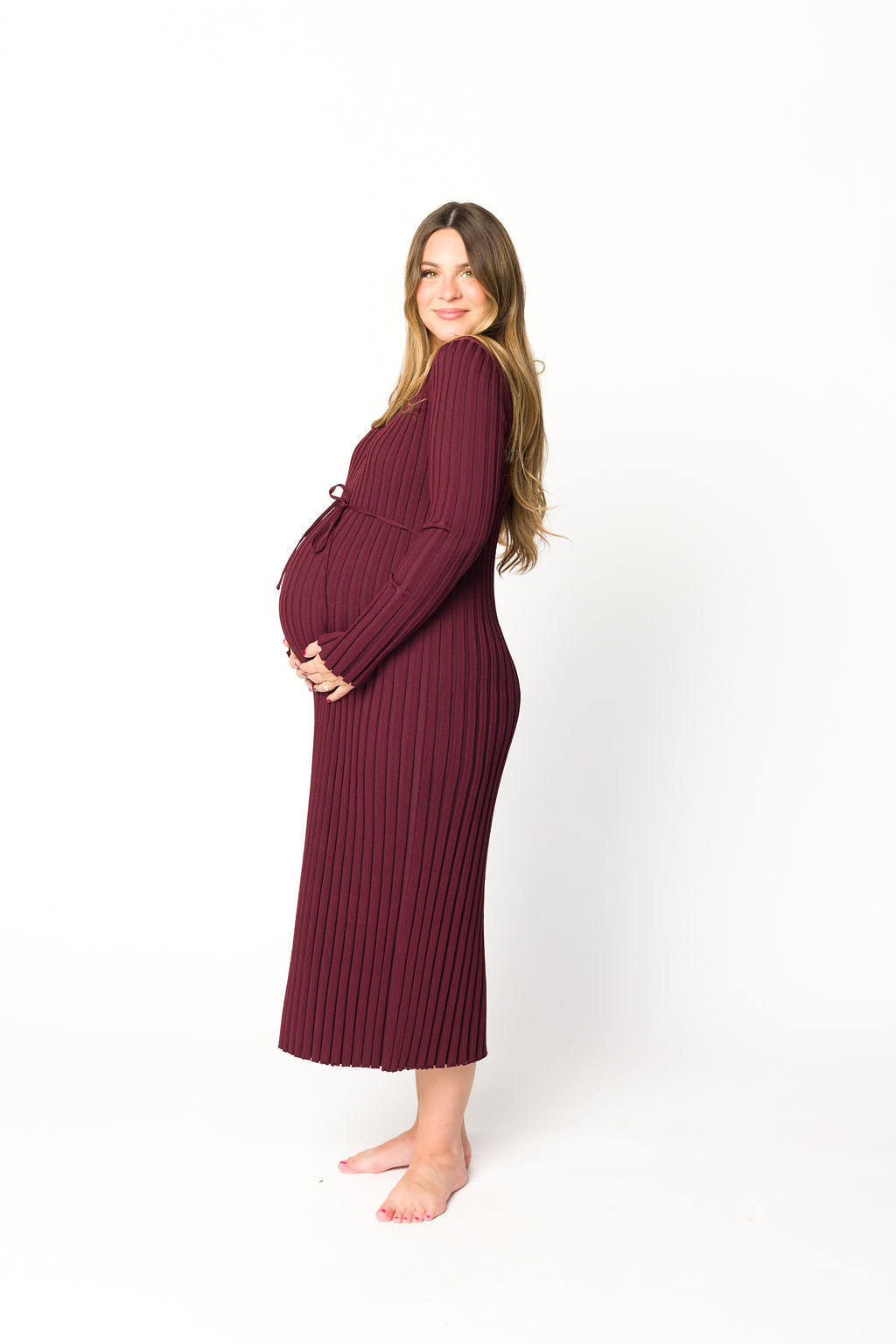 Colette Premium Long Sleeved Ribbed Knit Maxi Dress in Burgundy - Bump Friendly