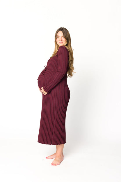 Colette Premium Long Sleeved Ribbed Knit Maxi Dress in Burgundy - Bump Friendly