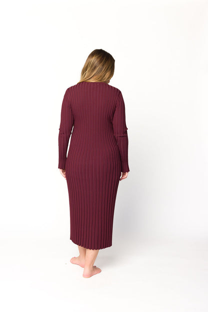 Colette Premium Long Sleeved Ribbed Knit Maxi Dress in Burgundy - Bump Friendly