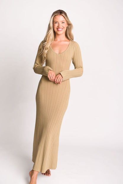 Keaton Knit Maxi Dress with V-Neckline in Beige