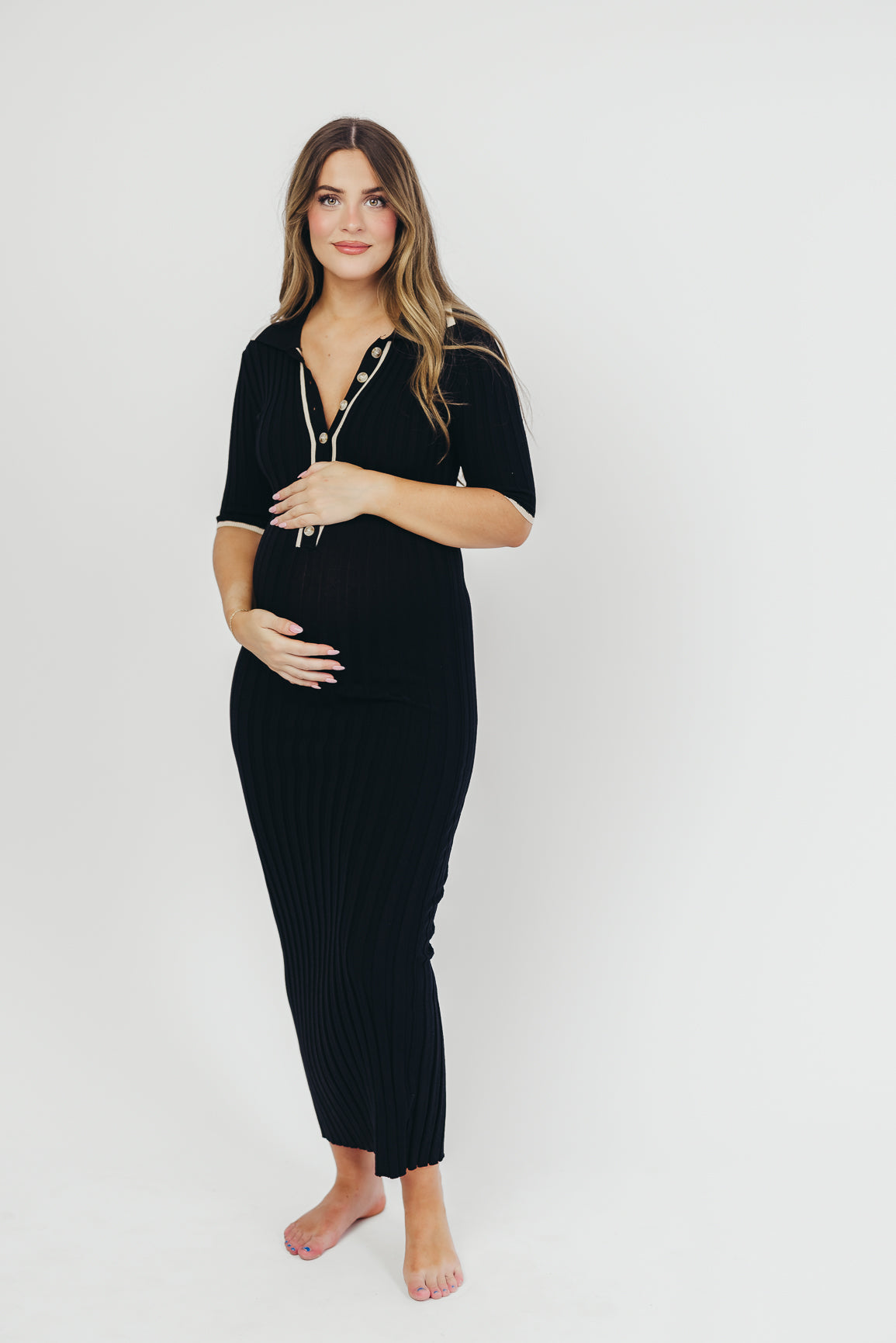 Addie Ribbed Button-Down Maxi Dress in Black - Nursing and Bump Friendly