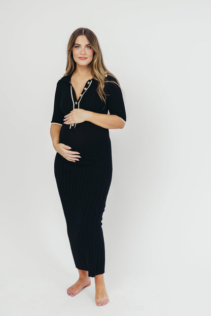 Addie Ribbed Button-Down Maxi Dress in Black - Nursing and Bump Friendly