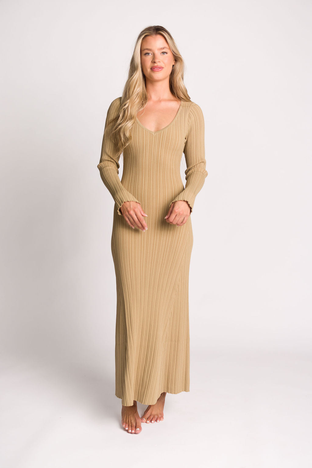 Keaton Knit Maxi Dress with V-Neckline in Beige