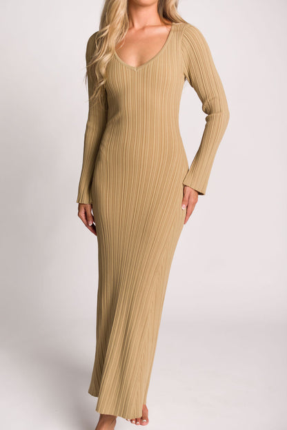 Keaton Knit Maxi Dress with V-Neckline in Beige