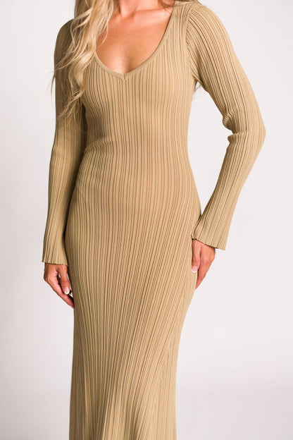 Keaton Knit Maxi Dress with V-Neckline in Beige