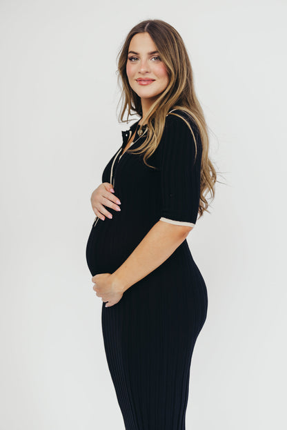 Addie Ribbed Button-Down Maxi Dress in Black - Nursing and Bump Friendly