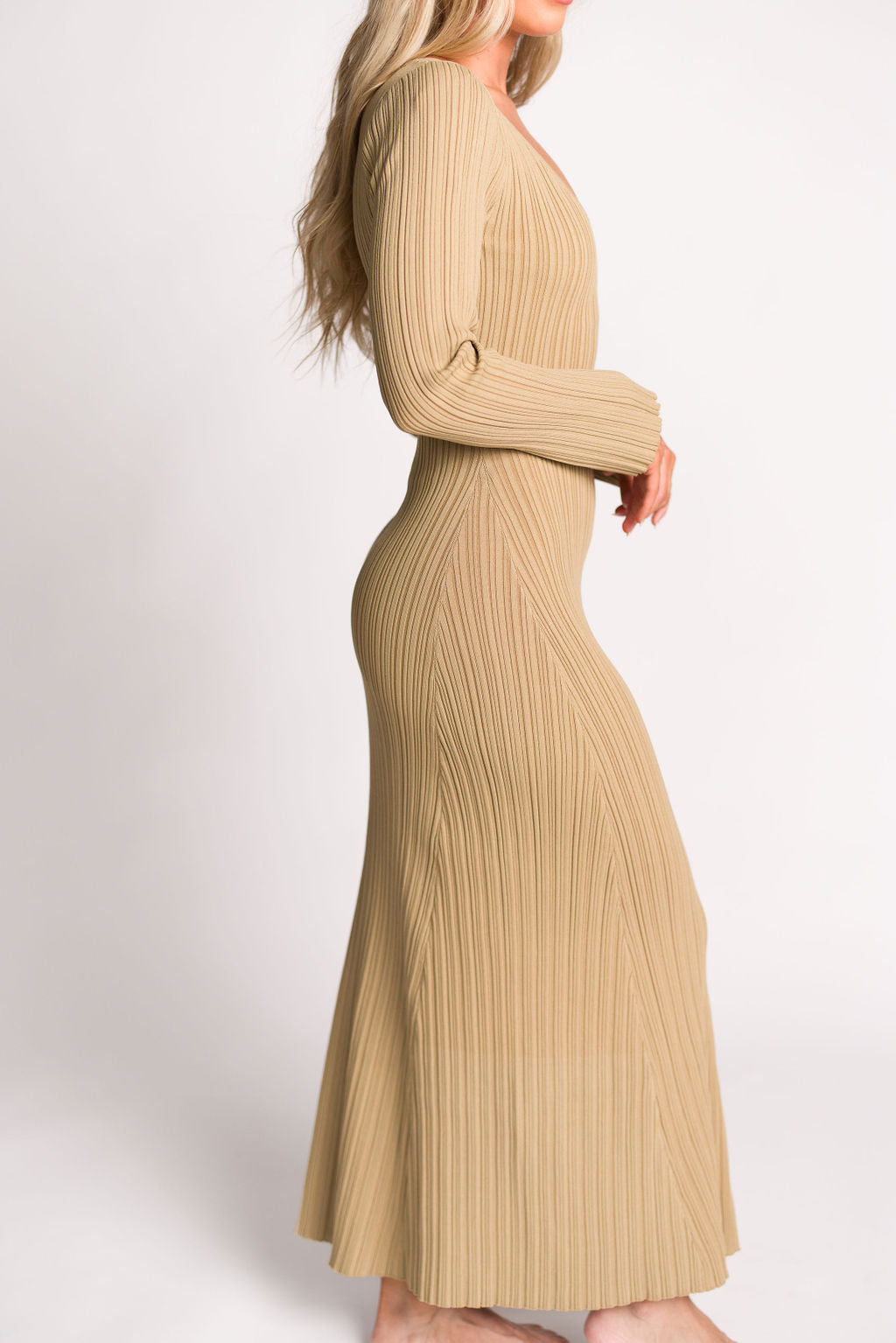 Keaton Knit Maxi Dress with V-Neckline in Beige