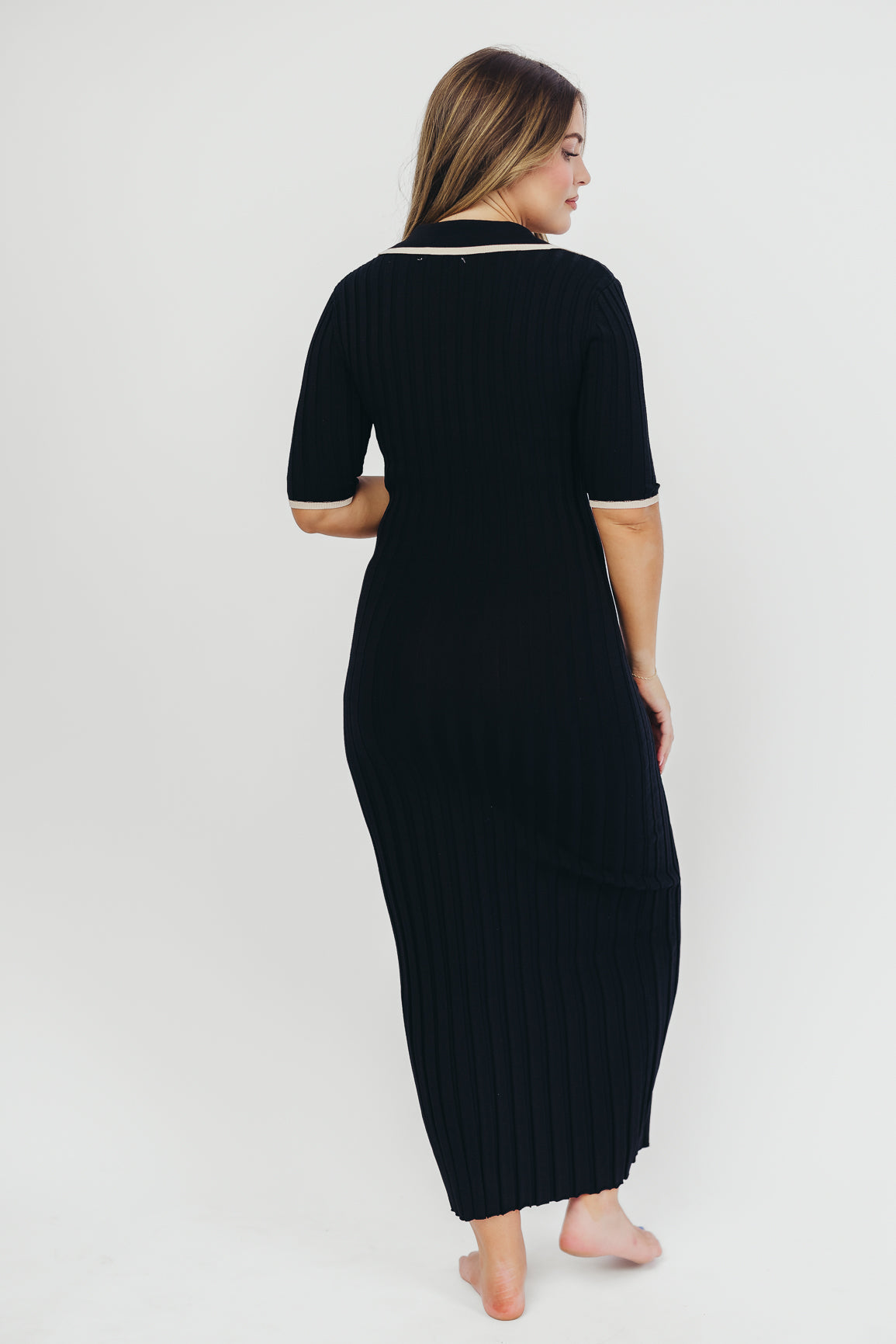 Addie Ribbed Button-Down Maxi Dress in Black - Nursing and Bump Friendly