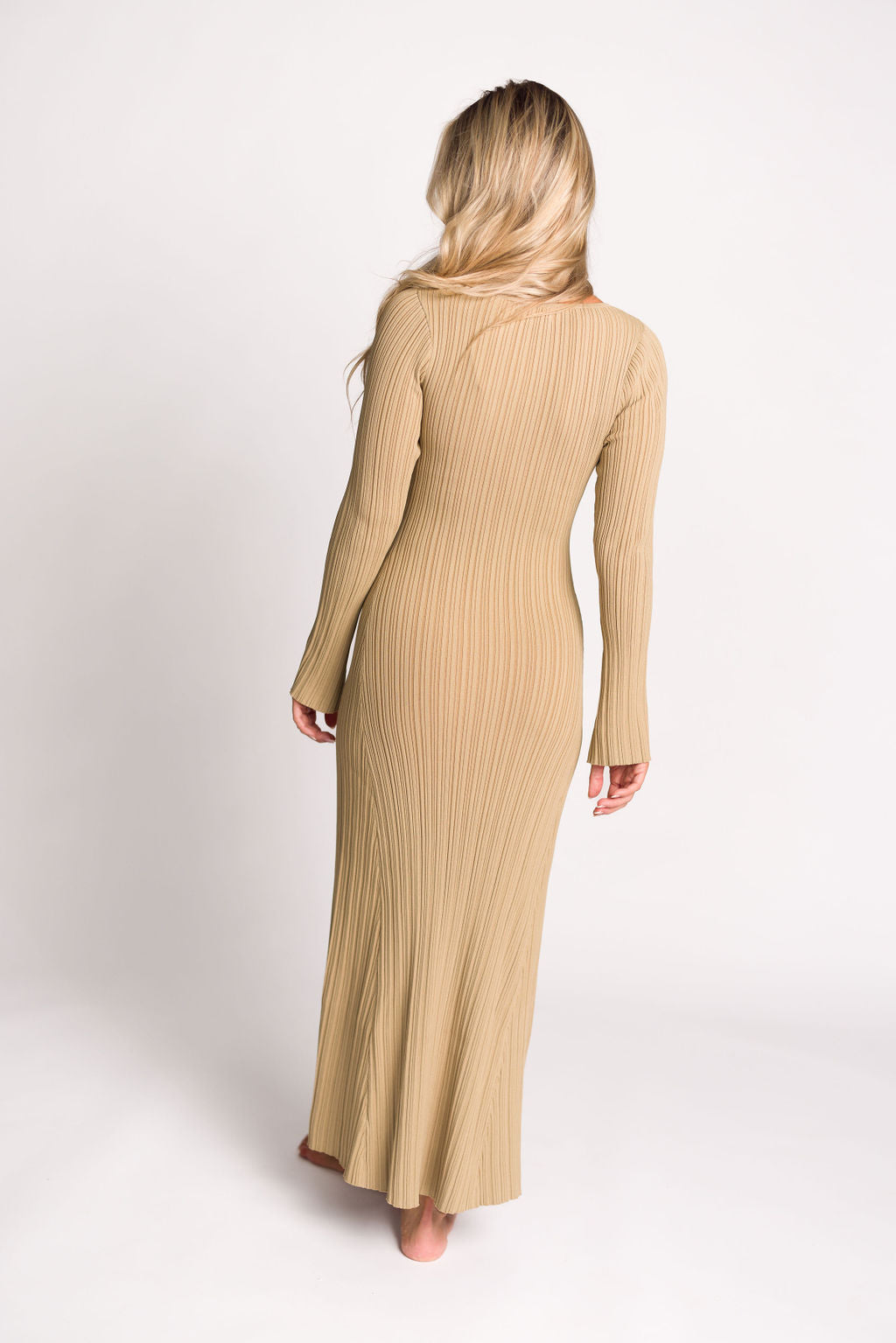 Keaton Knit Maxi Dress with V-Neckline in Beige