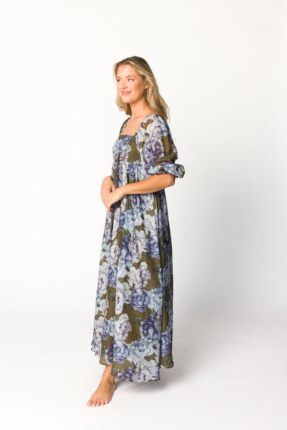 Mona Maxi Dress in Olive/Blue Floral - Bump Friendly *9/30 PRE-ORDER*