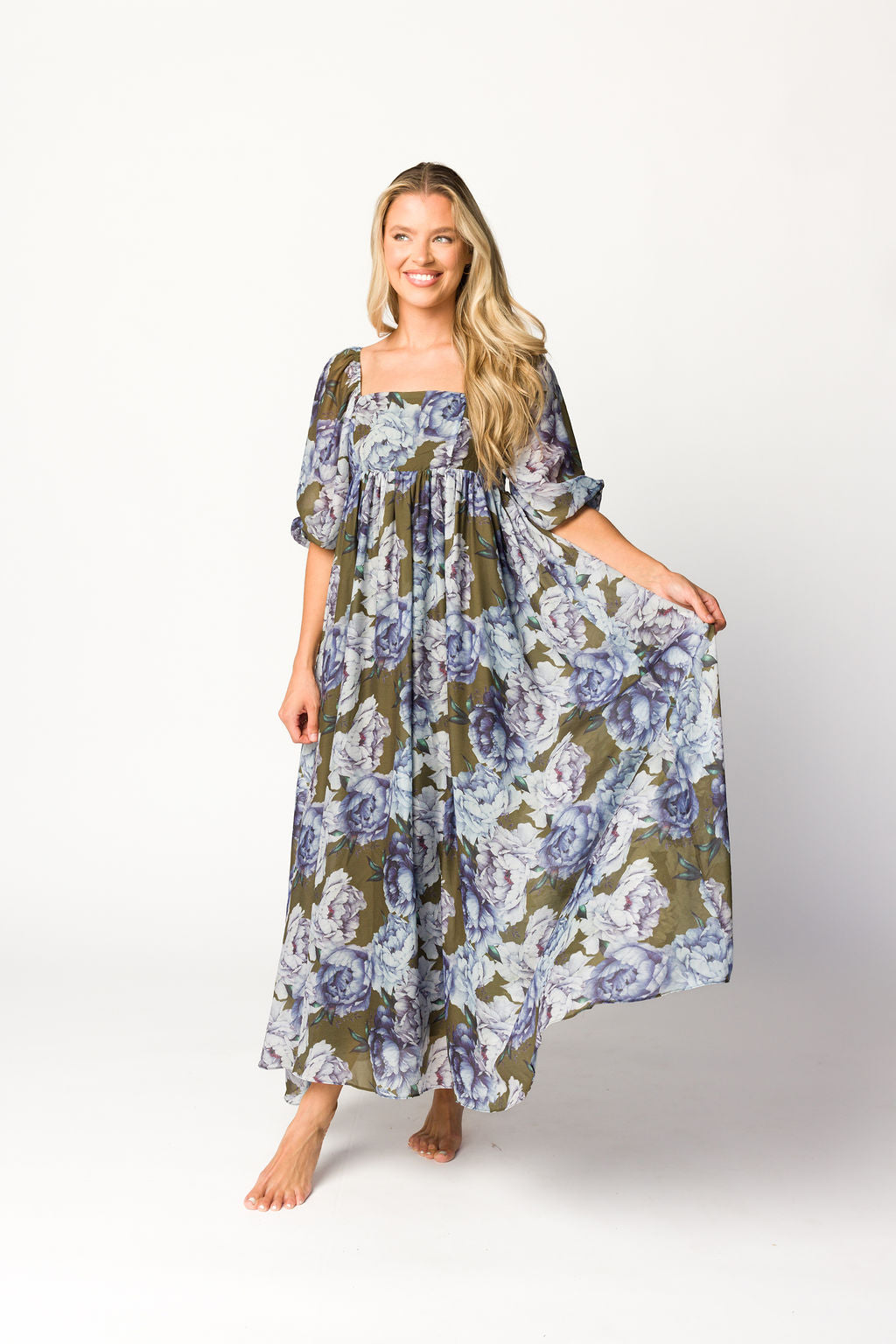 Mona Maxi Dress in Olive/Blue Floral - Bump Friendly *9/30 PRE-ORDER*