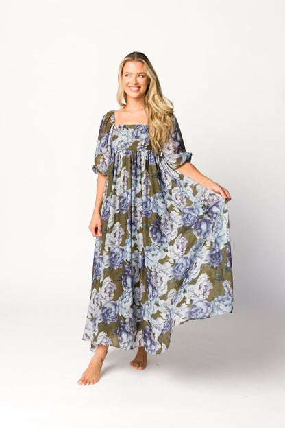 Mona Maxi Dress in Olive/Blue Floral - Bump Friendly *9/30 PRE-ORDER*