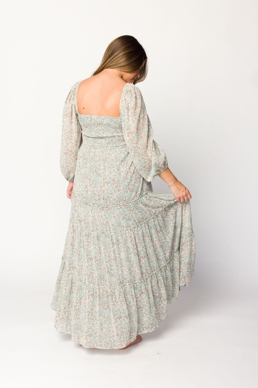 Daphne Long Sleeve Maxi Dress in Sage/Pink/Ivory Floral - Bump Friendly & Inclusive Sizing (XS-3XL)