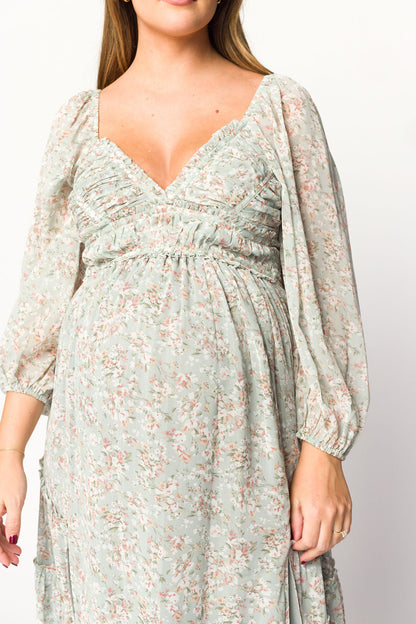 Daphne Long Sleeve Maxi Dress in Sage/Pink/Ivory Floral - Bump Friendly & Inclusive Sizing (XS-3XL)