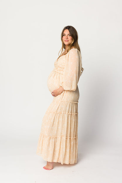 Daphne Long Sleeve Maxi Dress in Light Beige/White Floral - Bump Friendly & Inclusive Sizing (XS-3XL)