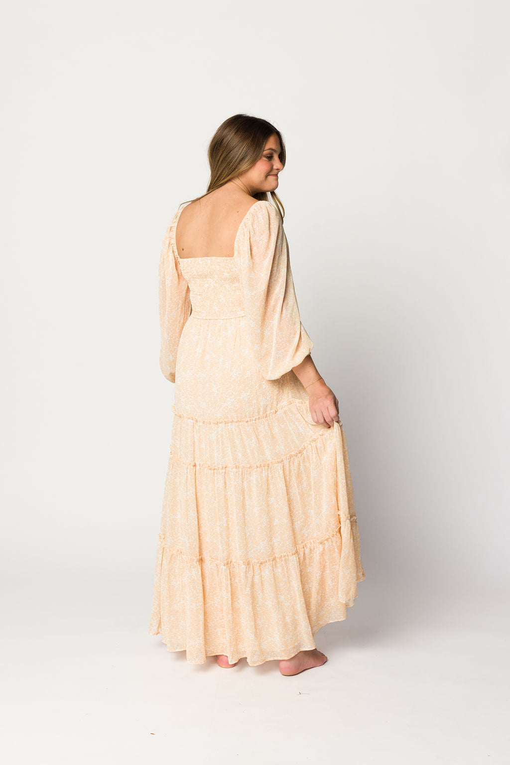 Daphne Long Sleeve Maxi Dress in Light Beige/White Floral - Bump Friendly & Inclusive Sizing (XS-3XL)