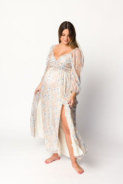 Daphne Long Sleeve Maxi Dress in Beige/Blue Floral - Bump Friendly & Inclusive Sizing (XS-3XL)