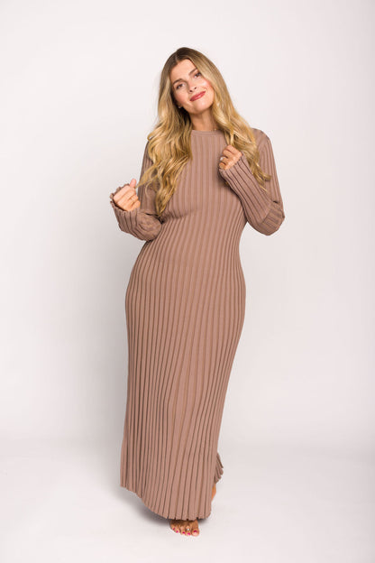 Colette Premium Long Sleeved Ribbed Knit Maxi Dress in Dark Natural - Bump Friendly