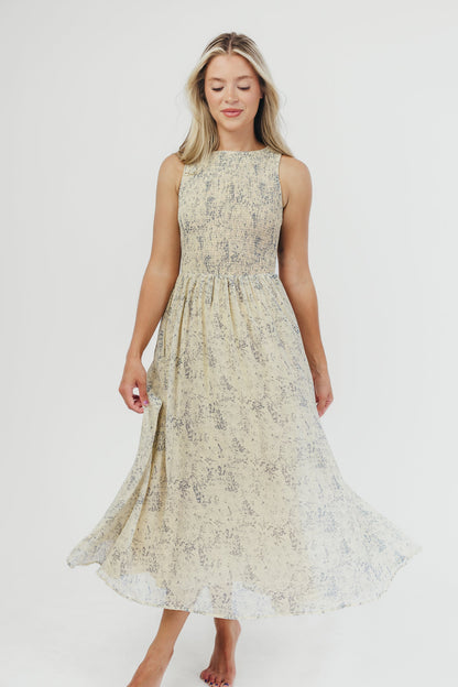 Alaina Floral Print Smocked Midi Dress in Blue Multi