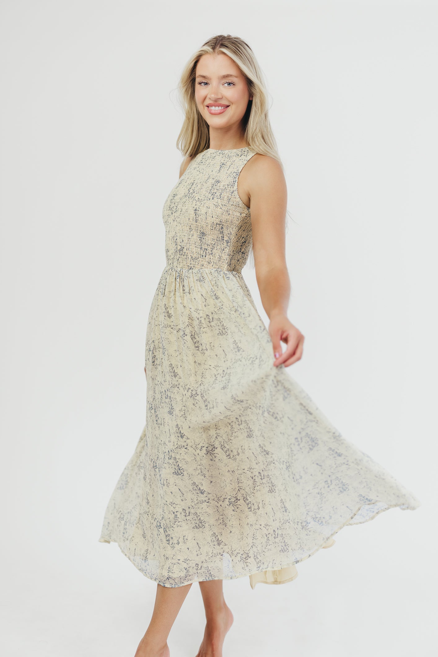 Alaina Floral Print Smocked Midi Dress in Blue Multi
