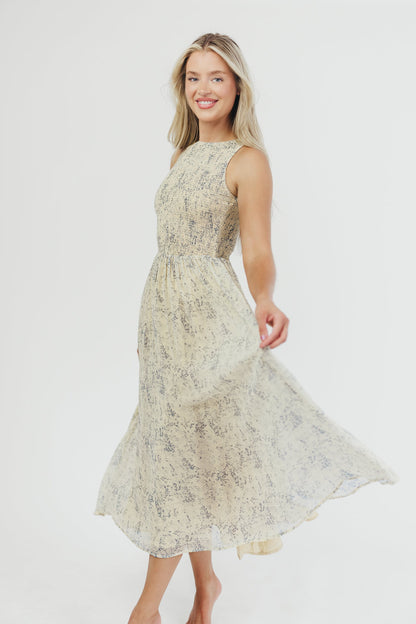 Alaina Floral Print Smocked Midi Dress in Blue Multi