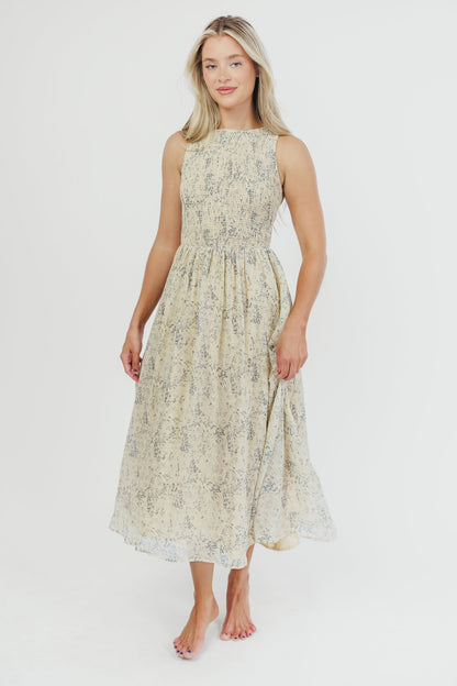 Alaina Floral Print Smocked Midi Dress in Blue Multi