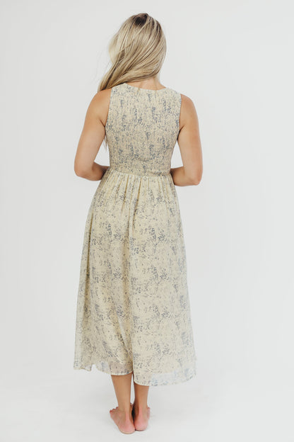 Alaina Floral Print Smocked Midi Dress in Blue Multi