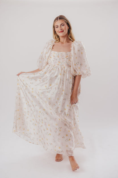 Melody Maxi Dress with Pleats and Bow Detail in Yellow Rose Floral - Bump Friendly & Inclusive Sizing (S-3XL)