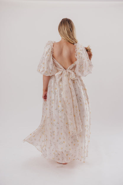 Melody Maxi Dress with Pleats and Bow Detail in Yellow Rose Floral - Bump Friendly & Inclusive Sizing (S-3XL)