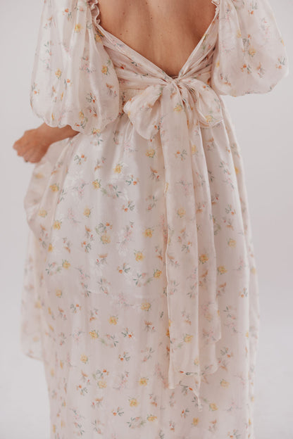 Melody Maxi Dress with Pleats and Bow Detail in Yellow Rose Floral - Bump Friendly & Inclusive Sizing (S-3XL)