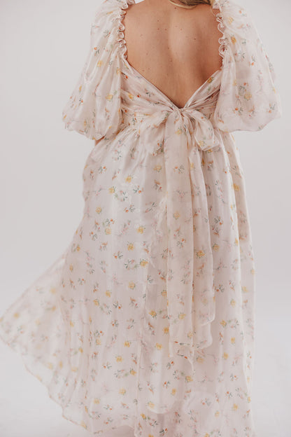 Melody Maxi Dress with Pleats and Bow Detail in Yellow Rose Floral - Bump Friendly & Inclusive Sizing (S-3XL)