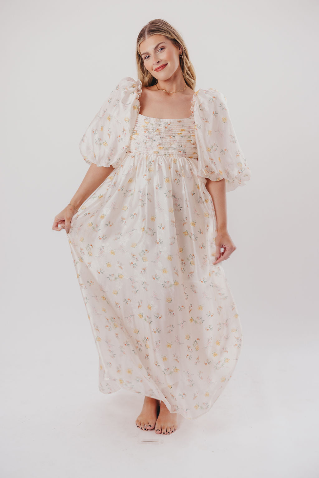 Melody Maxi Dress with Pleats and Bow Detail in Yellow Rose Floral - Bump Friendly & Inclusive Sizing (S-3XL)
